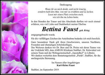 Traueranzeige von Bettina Faust (geb. Krieg)  von Magdeburger Volksstimme