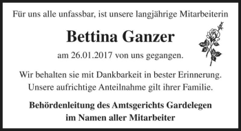 Traueranzeige von Bettina Ganzer  von Magdeburger Volksstimme