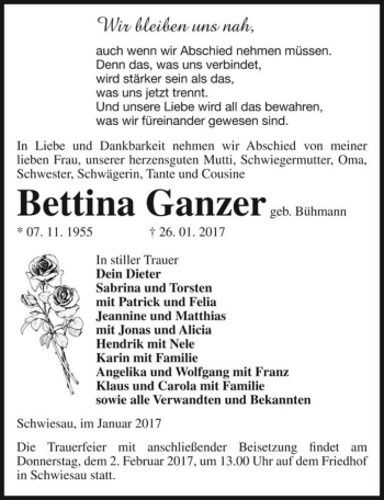 Traueranzeige von Bettina Ganzer (geb. Bühmann)  von Magdeburger Volksstimme