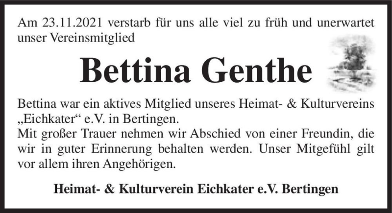  Traueranzeige für Bettina Genthe  vom 07.12.2021 aus Magdeburger Volksstimme