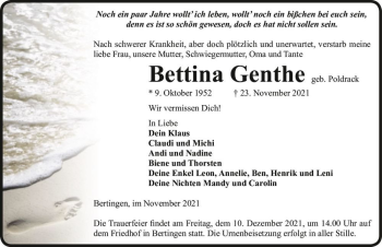 Traueranzeige von Bettina Genthe (geb. Poldrack)  von Magdeburger Volksstimme