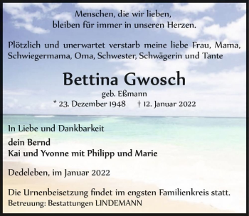 Traueranzeige von Bettina Gwosch (geb. Eßmann)  von Magdeburger Volksstimme