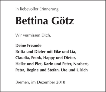 Traueranzeige von Bettina Götz  von Magdeburger Volksstimme