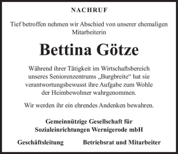 Traueranzeige von Bettina Götze  von Magdeburger Volksstimme