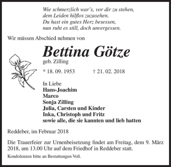 Traueranzeige von Bettina Götze (geb. Zilling)  von Magdeburger Volksstimme