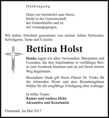 Traueranzeige von Bettina Holst  von Magdeburger Volksstimme