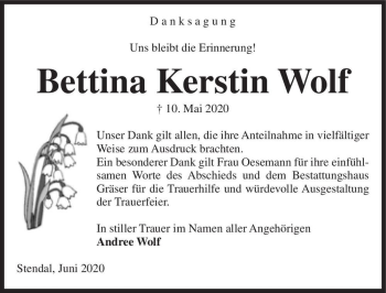 Traueranzeige von Bettina Kerstin Wolf  von Magdeburger Volksstimme