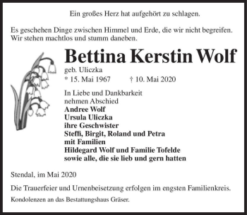Traueranzeige von Bettina Kerstin Wolf (geb. Uliczka)  von Magdeburger Volksstimme