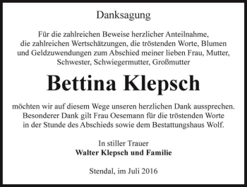 Traueranzeige von Bettina Klepsch  von Magdeburger Volksstimme