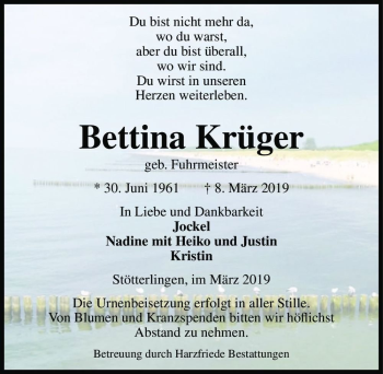 Traueranzeige von Bettina Krüger (geb. Fuhrmeister)  von Magdeburger Volksstimme