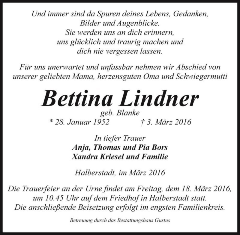  Traueranzeige für Bettina Lindner (geb. Blanke)  vom 09.03.2016 aus Magdeburger Volksstimme