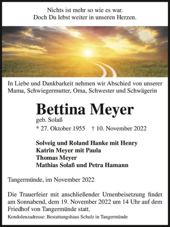 Traueranzeige von Bettina Meyer (geb. Solaß)  von Magdeburger Volksstimme