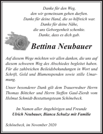 Traueranzeige von Bettina Neubauer  von Magdeburger Volksstimme