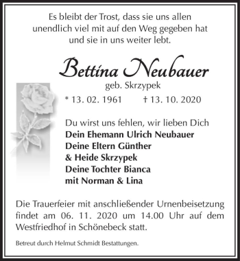 Traueranzeige von Bettina Neubauer (geb. Skrzypek)  von Magdeburger Volksstimme