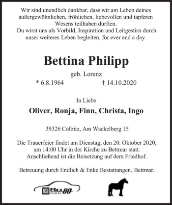 Traueranzeige von Bettina Philipp (geb. Lorenz)  von Magdeburger Volksstimme