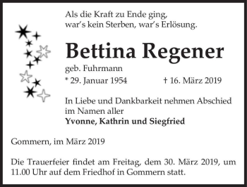 Traueranzeige von Bettina Regener (geb. Fuhrmann)  von Magdeburger Volksstimme
