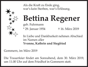Traueranzeige von Bettina Regener (geb. Fuhrmann)  von Magdeburger Volksstimme