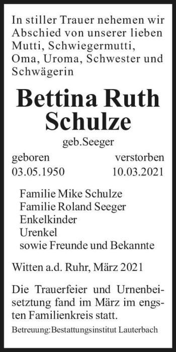 Traueranzeige von Bettina Ruth Schulze (geb. Seeger)  von Magdeburger Volksstimme