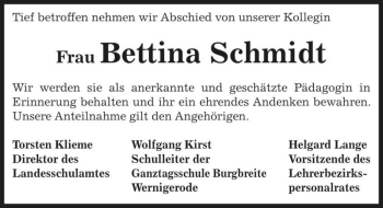 Traueranzeige von Bettina Schmidt  von Magdeburger Volksstimme