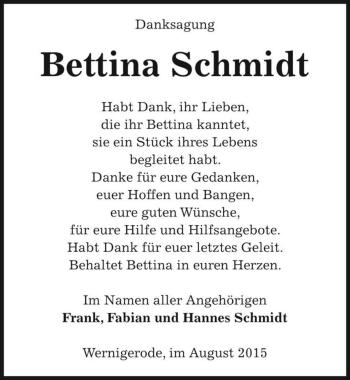 Traueranzeige von Bettina Schmidt  von Magdeburger Volksstimme