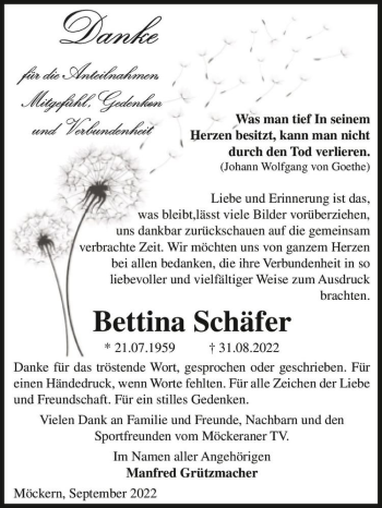 Traueranzeige von Bettina Schäfer  von Magdeburger Volksstimme