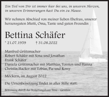 Traueranzeige von Bettina Schäfer  von Magdeburger Volksstimme