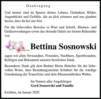 Traueranzeige von Bettina Sosnowski  von Magdeburger Volksstimme