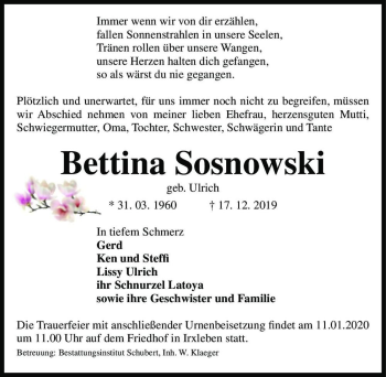 Traueranzeige von Bettina Sosnowski (geb. Ulrich)  von Magdeburger Volksstimme
