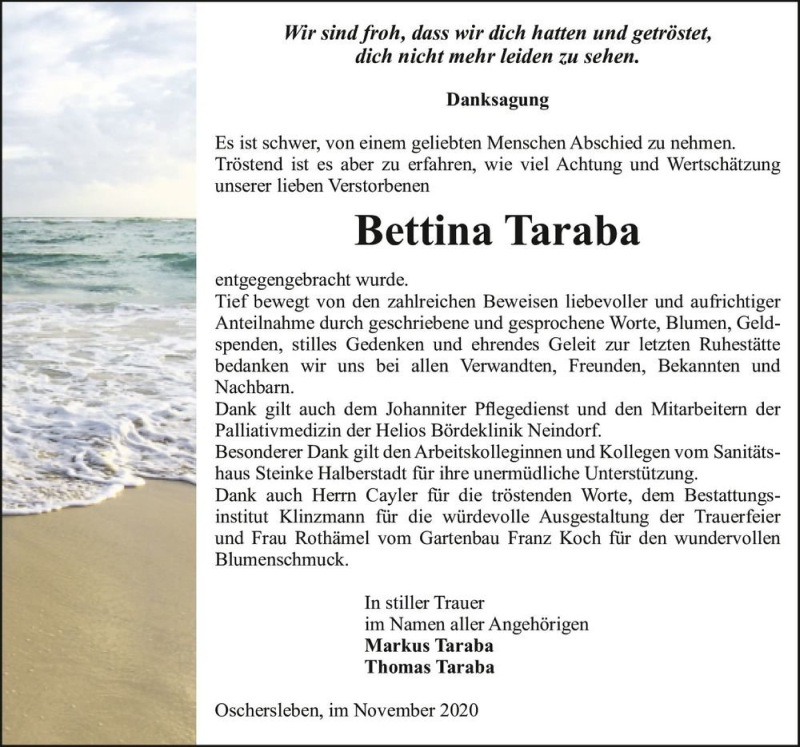  Traueranzeige für Bettina Taraba  vom 28.11.2020 aus Magdeburger Volksstimme