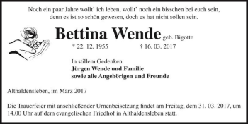 Traueranzeige von Bettina Wende (geb. Bigotte)  von Magdeburger Volksstimme