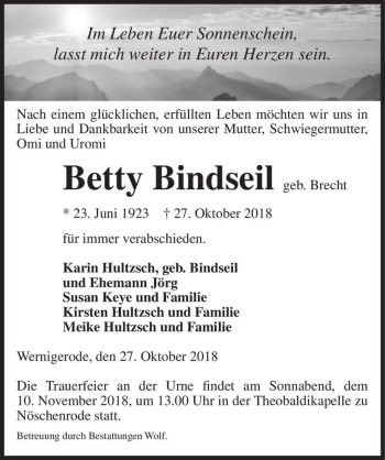 Traueranzeige von Betty Bindseil (geb. Brecht)  von Magdeburger Volksstimme