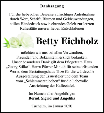 Traueranzeige von Betty Eichholz  von Magdeburger Volksstimme