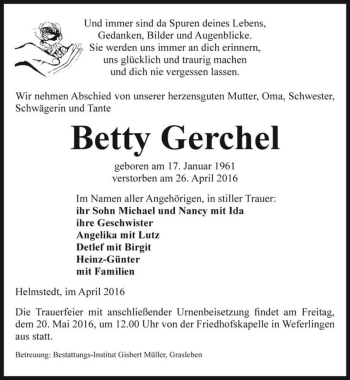 Traueranzeige von Betty Gerchel  von Magdeburger Volksstimme