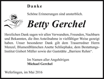 Traueranzeige von Betty Gerchel  von Magdeburger Volksstimme