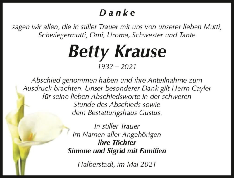  Traueranzeige für Betty Krause  vom 29.05.2021 aus Magdeburger Volksstimme
