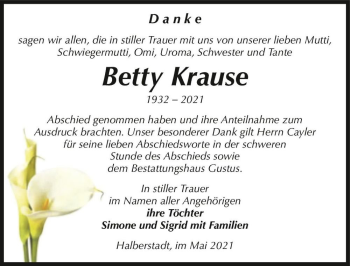 Traueranzeige von Betty Krause  von Magdeburger Volksstimme