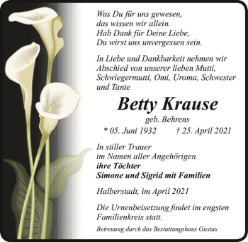 Traueranzeige von Betty Krause (geb. Behrens)  von Magdeburger Volksstimme