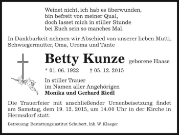 Traueranzeige von Betty Kunze (geb. Haase)  von Magdeburger Volksstimme