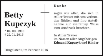 Traueranzeige von Betty Kupczyk  von Magdeburger Volksstimme