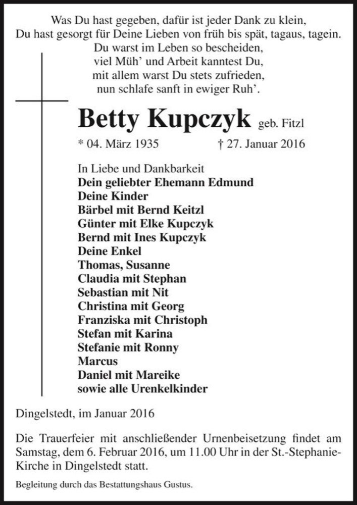  Traueranzeige für Betty Kupczyk (geb. Fitzl)  vom 30.01.2016 aus Magdeburger Volksstimme