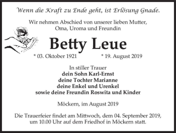 Traueranzeige von Betty Leue  von Magdeburger Volksstimme