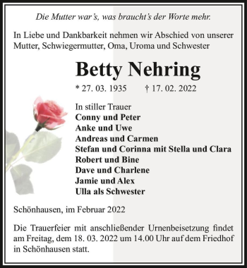 Traueranzeige von Betty Nehring  von Magdeburger Volksstimme