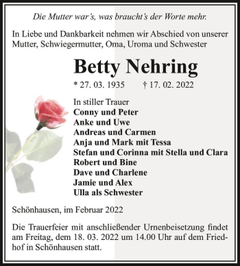 Traueranzeige von Betty Nehring  von Magdeburger Volksstimme