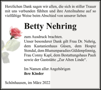 Traueranzeige von Betty Nehring  von Magdeburger Volksstimme