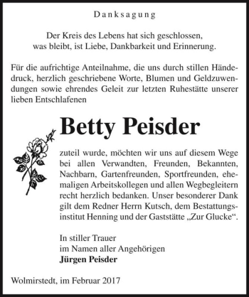 Traueranzeige von Betty Peisder  von Magdeburger Volksstimme