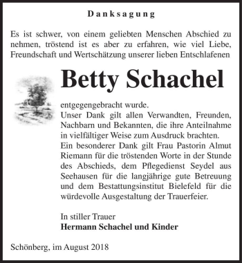 Traueranzeige von Betty Schachel  von Magdeburger Volksstimme