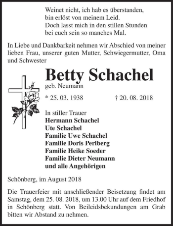 Traueranzeige von Betty Schachel (geb. Neumann)  von Magdeburger Volksstimme