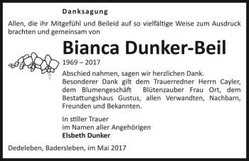 Traueranzeige von Bianca Dunker-Beil  von Magdeburger Volksstimme