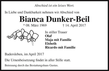 Traueranzeige von Bianca Dunker-Beil  von Magdeburger Volksstimme