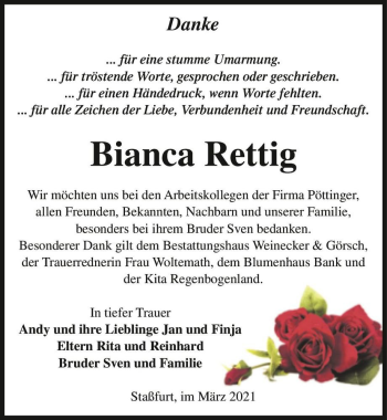 Traueranzeige von Bianca Rettig  von Magdeburger Volksstimme